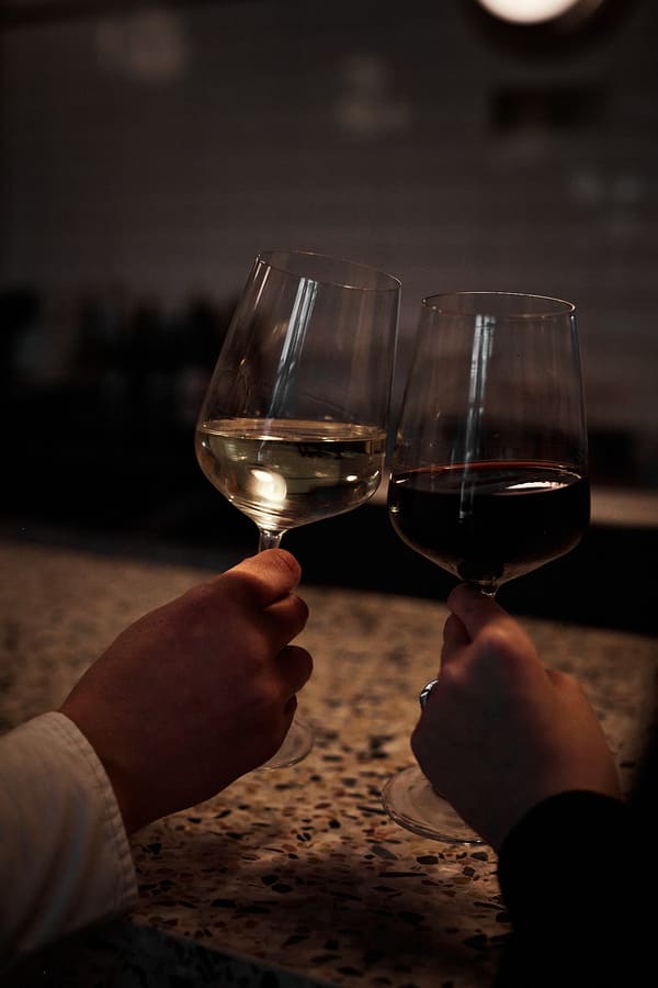 Two people clinking glasses of red and white wine at a bar counter in a dimly lit lounge.